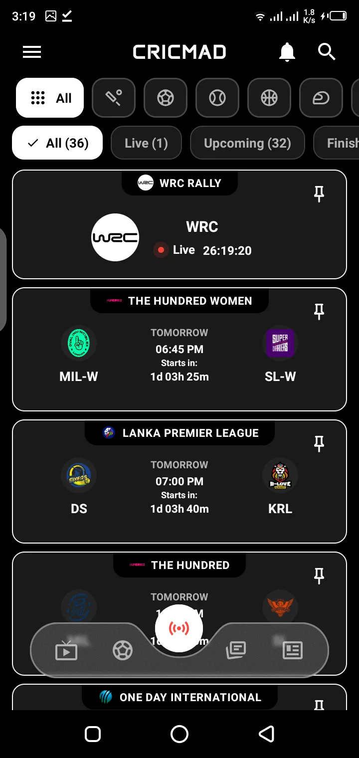 Cricmad app match and channel view